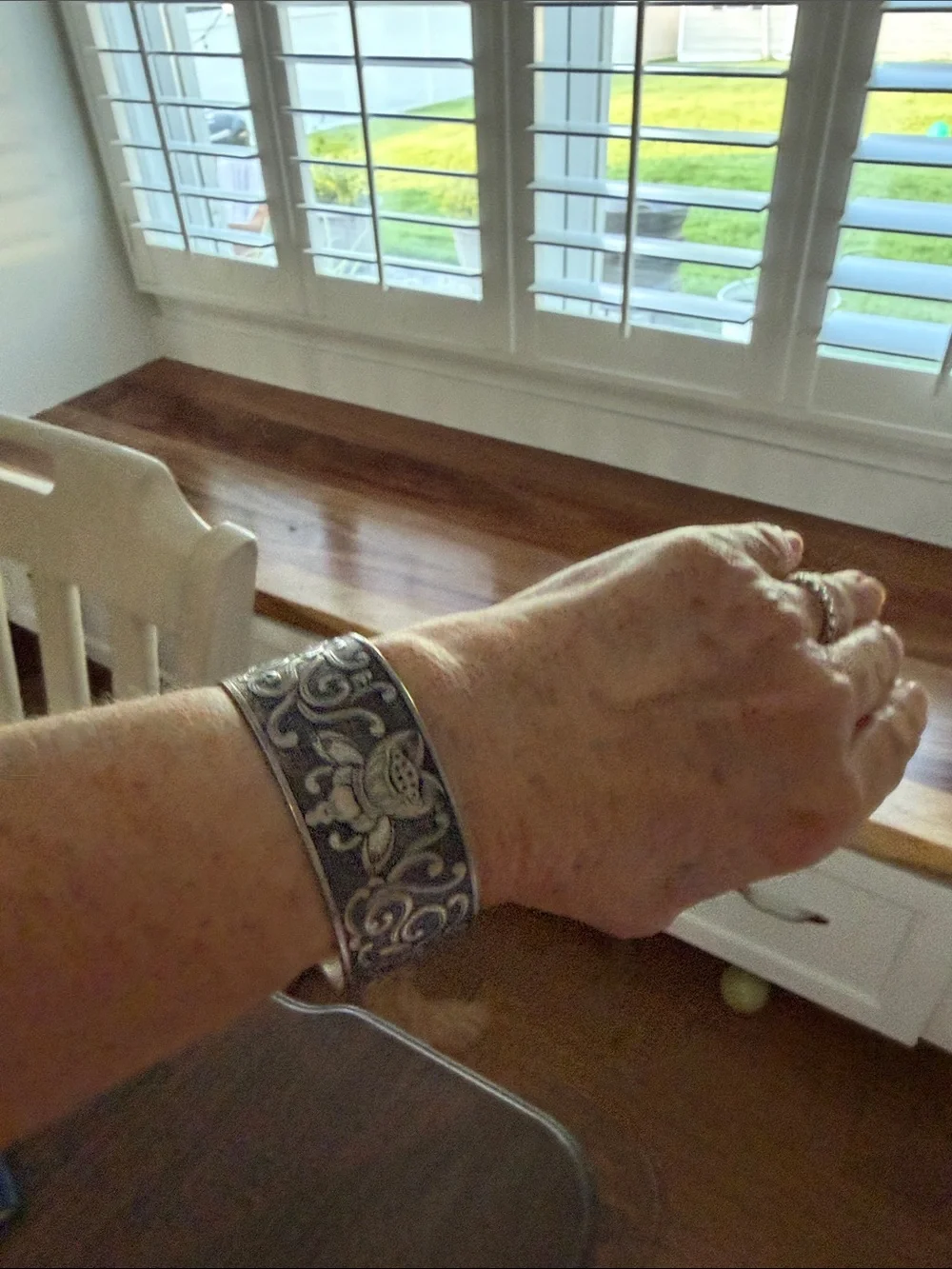 Sterling-Effect Floral Engraved Cuff Bracelet for Men — Silver Tone